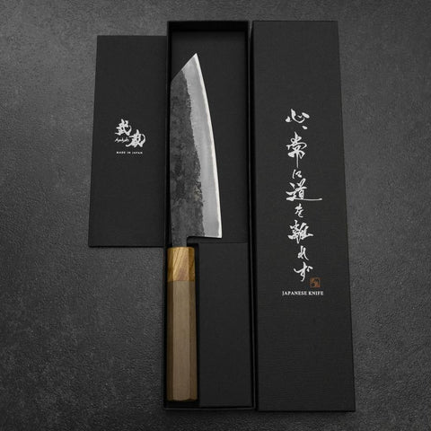 Bunka Stainless Clad Blue Steel #2 Kurouchi Walnut Zelkova Handle 180mm-[Musashi]-[Japanese-Kitchen-Knives]