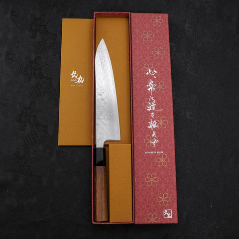 Gyuto AUS-10 Mirror Tsuchime Damascus Buffalo Teak Handle 210mm-[Musashi]-[Japanese-Kitchen-Knives]