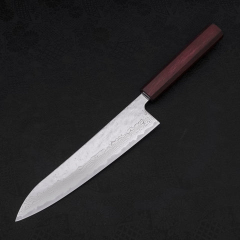 Gyuto AUS-10 Nashiji Damascus Purple Urushi Handle 210mm-[Musashi]-[Japanese-Kitchen-Knives]