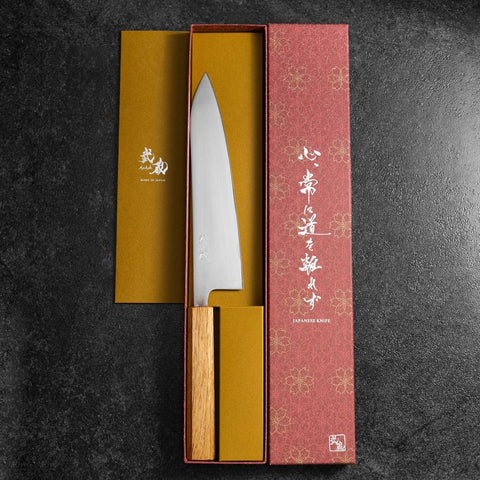 Gyuto AUS-8 Polished Oak Handle 210mm (8.3”)-[Musashi]-[Japanese-Kitchen-Knives]