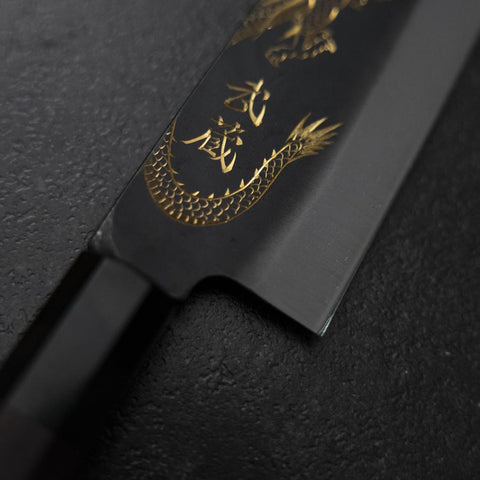 Gyuto Blue Steel #2 Kurouchi Chokin Dragon Buffalo Ebony Handle 210mm (Asamura) (8.3”)-[Musashi]-[Japanese-Kitchen-Knives]