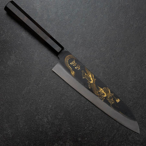 Gyuto Blue Steel #2 Kurouchi Chokin Dragon Buffalo Ebony Handle 210mm (Asamura) (8.3”)-[Musashi]-[Japanese-Kitchen-Knives]
