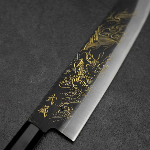 Gyuto Blue Steel #2 Kurouchi Chokin Hannya Buffalo Ebony Handle 210mm (8.3”)-[Musashi]-[Japanese-Kitchen-Knives]