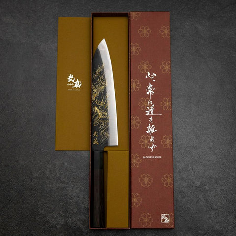 Gyuto Blue Steel #2 Kurouchi Chokin Hannya Buffalo Ebony Handle 210mm (8.3”)-[Musashi]-[Japanese-Kitchen-Knives]