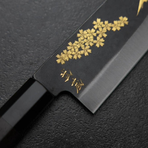 Gyuto Blue Steel #2 Kurouchi Chokin Sakura-Fuji Buffalo Ebony Handle 210mm (Asamura)-[Musashi]-[Japanese-Kitchen-Knives]
