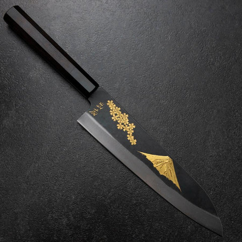 Gyuto Blue Steel #2 Kurouchi Chokin Sakura-Fuji Buffalo Ebony Handle 210mm (Asamura)-[Musashi]-[Japanese-Kitchen-Knives]