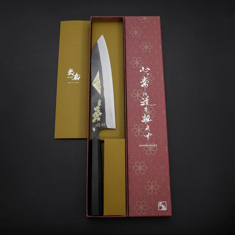 Gyuto Blue Steel #2 Kurouchi Stainless Clad Chokin Sakura-Fuji Buffalo Ebony Handle 210mm (8.3”)-[Musashi]-[Japanese-Kitchen-Knives]