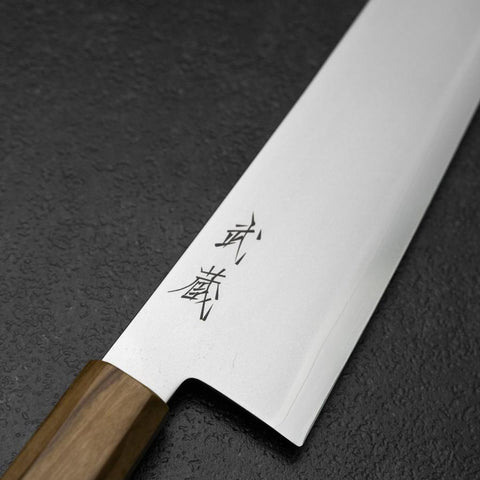 Gyuto Blue Steel #2 Polished Stainless Clad Olive Handle 210mm-[Musashi]-[Japanese-Kitchen-Knives]
