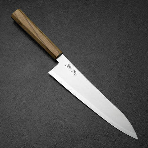 Gyuto Blue Steel #2 Polished Stainless Clad Olive Handle 210mm-[Musashi]-[Japanese-Kitchen-Knives]