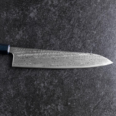 Gyuto Silver Steel #3 Nawame Damascus Dark Blue Urushi Handle 240mm (9.4”)-[Musashi]-[Japanese-Kitchen-Knives]