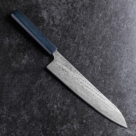 Gyuto Silver Steel #3 Nawame Damascus Dark Blue Urushi Handle 240mm (9.4”)-[Musashi]-[Japanese-Kitchen-Knives]