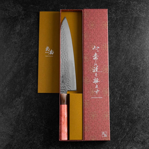 Gyuto VG-10 Mirror Tsuchime Damascus Dark Pink Buffalo Maple Handle 240mm-[Musashi]-[Japanese-Kitchen-Knives]