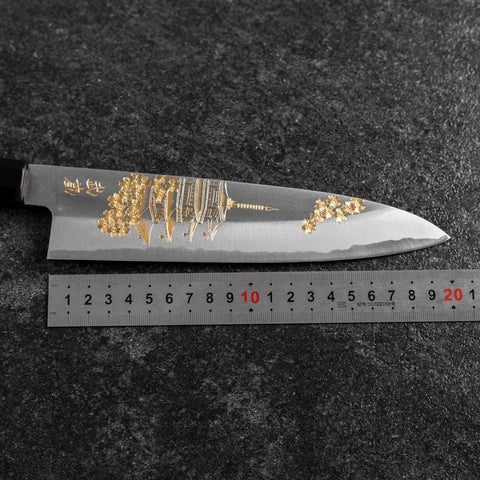 Gyuto White Steel #2 Chokin Kasumi Pagoda Sakura Buffalo Ebony Handle 210mm-[Musashi]-[Japanese-Kitchen-Knives]