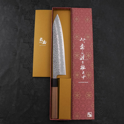 Gyuto White Steel #1 Stainless Clad Tsuchime Walnut Handle 240mm-[Musashi]-[Japanese-Kitchen-Knives]