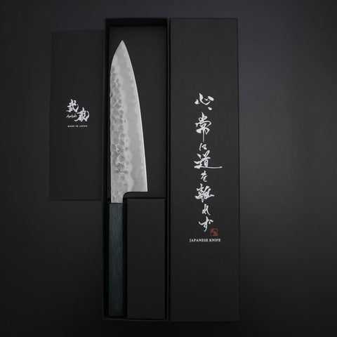 Gyuto White Steel #2 Tsuchime Dark Blue Urushi Handle 180mm-[Musashi]-[Japanese-Kitchen-Knives]