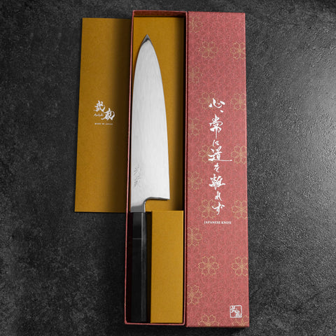 Gyuto White Steel #1 Specchio Luna Fuji Acqua Honyaki Manico Bufalo Ebano 240mm