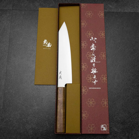 Kiritsuke Gyuto Blue Steel #2 Polished Stainless Clad Olive Handle 210mm-[Musashi]-[Japanese-Kitchen-Knives]