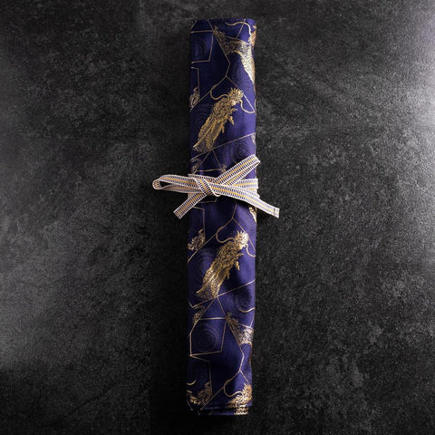 Musashi Japanese Style Kitchen Knife Roll Navy Golden Dragon 4 Pockets Handmade-[Musashi]-[Japanese-Kitchen-Knives]