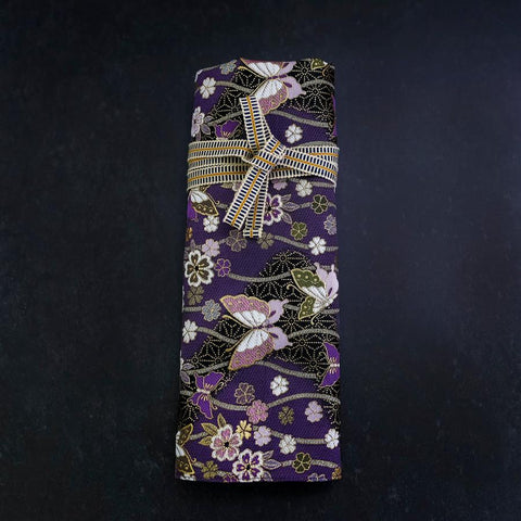 Musashi Japanese Style Kitchen Knife Roll Purple-Gold Butterfly&Sakura 4 Pockets Handmade-[Musashi]-[Japanese-Kitchen-Knives]
