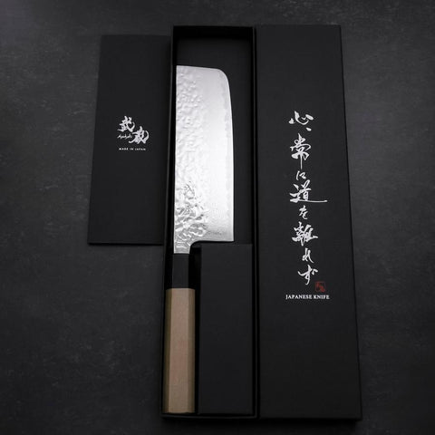 Nakiri AUS-10 Mirror Tsuchime Damascus Buffalo Magnolia Handle 165mm-[Musashi]-[Japanese-Kitchen-Knives]