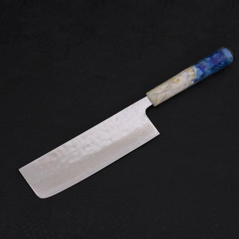 Nakiri AUS-10 Nashiji Damascus Ocean White Blue Handle 165mm-[Musashi]-[Japanese-Kitchen-Knives]