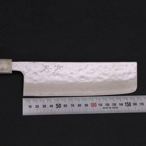 Nakiri AUS-10 Nashiji Damascus Ocean White Blue Handle 165mm-[Musashi]-[Japanese-Kitchen-Knives]