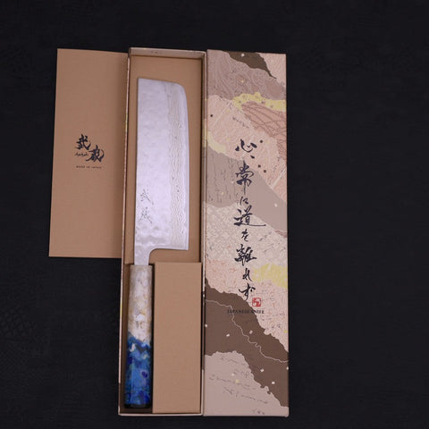 Nakiri AUS-10 Nashiji Damascus Ocean White Blue Handle 165mm-[Musashi]-[Japanese-Kitchen-Knives]