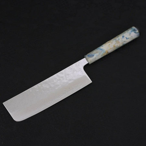 Nakiri AUS-10 Nashiji Damascus Ocean White Mix Handle 165mm-[Musashi]-[Japanese-Kitchen-Knives]