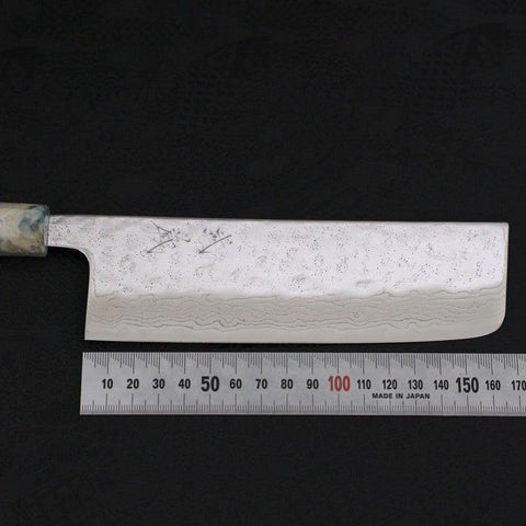 Nakiri AUS-10 Nashiji Damascus Ocean White Mix Handle 165mm-[Musashi]-[Japanese-Kitchen-Knives]