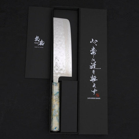 Nakiri AUS-10 Nashiji Damascus Ocean White Mix Handle 165mm-[Musashi]-[Japanese-Kitchen-Knives]