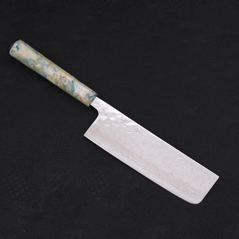 Nakiri AUS-10 Nashiji Damascus Ocean White Mix Handle 165mm-[Musashi]-[Japanese-Kitchen-Knives]