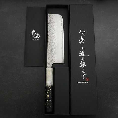 Nakiri AUS-10 Tsuchime Damascus Ocean Black White Gold Handle 165mm (6.5”)-[Musashi]-[Japanese-Kitchen-Knives]