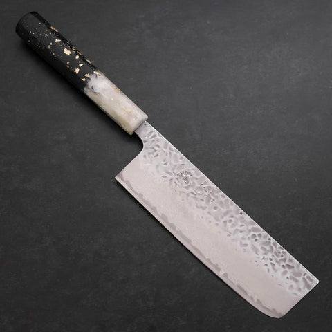 Nakiri AUS-10 Tsuchime Damascus Ocean Black White Gold Handle 165mm (6.5”)-[Musashi]-[Japanese-Kitchen-Knives]