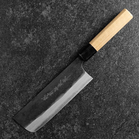 Nakiri Blue Steel #2 Kurouchi Damascus Buffalo Magnolia Handle 165mm (6.5”)-[Musashi]-[Japanese-Kitchen-Knives]