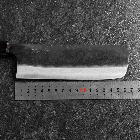 Nakiri Blue Steel #2 Kurouchi Damascus Buffalo Magnolia Handle 165mm (6.5”)-[Musashi]-[Japanese-Kitchen-Knives]