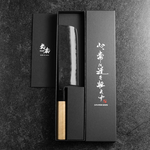 Nakiri Blue Steel #2 Kurouchi Damascus Buffalo Magnolia Handle 165mm (6.5”)-[Musashi]-[Japanese-Kitchen-Knives]