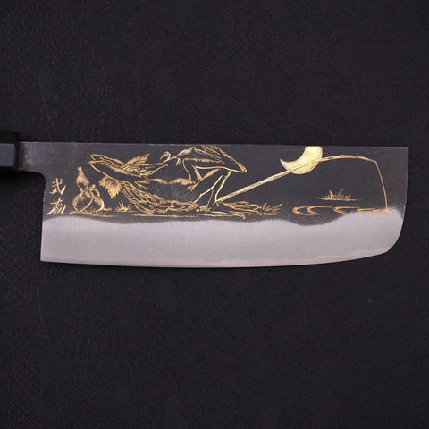 Nakiri Blue Steel #2 Kurouchi Chokin Kappa Fishing Slipping Buffalo Ebony Handle 165mm-[Musashi]-[Japanese-Kitchen-Knives]