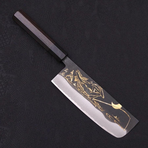 Nakiri Blue Steel #2 Kurouchi Chokin Kappa Fishing Slipping Buffalo Ebony Handle 165mm-[Musashi]-[Japanese-Kitchen-Knives]