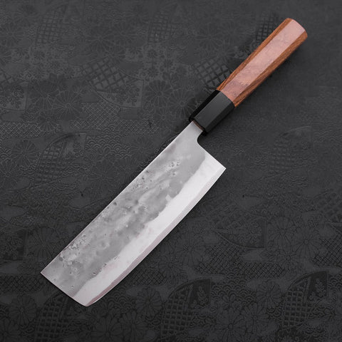 Nakiri Blue Steel #2 Stainless Clad Nashiji Buffalo Teak Handle 165mm-[Musashi]-[Japanese-Kitchen-Knives]