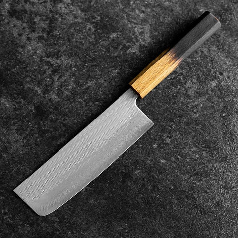 Nakiri Silver Steel #3 Nawame Damascus Yaki Urushi Handle 165mm (6.5”)-[Musashi]-[Japanese-Kitchen-Knives]
