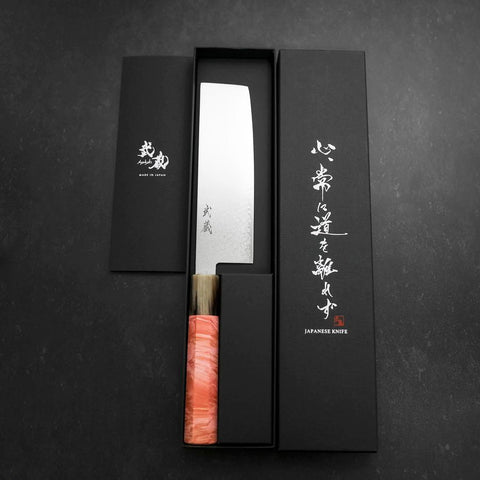 Nakiri VG-10 Damascus Buffalo Dark Pink Maple Handle 170mm-[Musashi]-[Japanese-Kitchen-Knives]