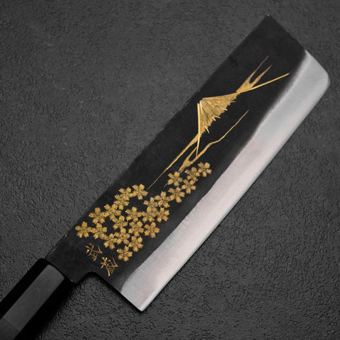 Nakiri White Steel #2 Kurouchi Chokin Sakura-Fuji Buffalo Ebony Handle 165mm (6.5”)-[Musashi]-[Japanese-Kitchen-Knives]