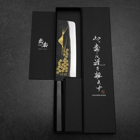 Nakiri White Steel #2 Kurouchi Chokin Sakura-Fuji Buffalo Ebony Handle 165mm (6.5”)-[Musashi]-[Japanese-Kitchen-Knives]