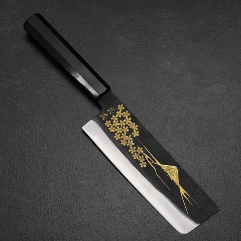 Nakiri White Steel #2 Kurouchi Chokin Sakura-Fuji Buffalo Ebony Handle 165mm (6.5”)-[Musashi]-[Japanese-Kitchen-Knives]