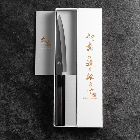 Petty Blue Steel #1 Stainless Clad Kurouchi Buffalo Ebony Handle 150mm-[Musashi]-[Japanese-Kitchen-Knives]