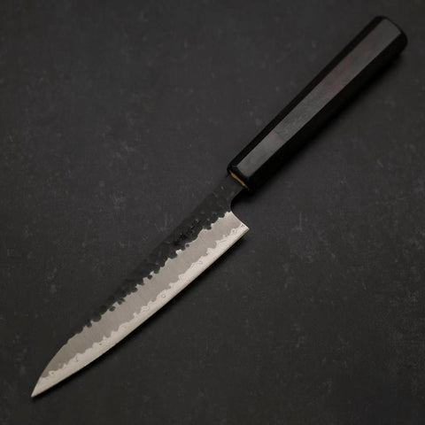 Petty Stainless Clad Blue Super Kurouchi Tsuchime Buffalo Ebony Handle 135mm-[Musashi]-[Japanese-Kitchen-Knives]