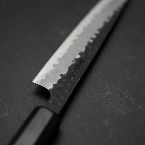 Petty Stainless Clad Blue Super Kurouchi Tsuchime Buffalo Ebony Handle 135mm-[Musashi]-[Japanese-Kitchen-Knives]