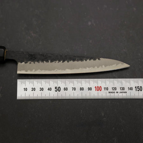 Petty Stainless Clad Blue Super Kurouchi Tsuchime Buffalo Ebony Handle 135mm-[Musashi]-[Japanese-Kitchen-Knives]