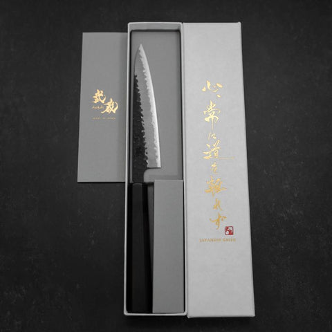 Petty Stainless Clad Blue Super Kurouchi Tsuchime Buffalo Ebony Handle 135mm-[Musashi]-[Japanese-Kitchen-Knives]