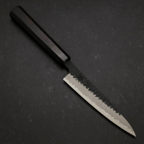 Petty Stainless Clad Blue Super Kurouchi Tsuchime Buffalo Ebony Handle 135mm-[Musashi]-[Japanese-Kitchen-Knives]